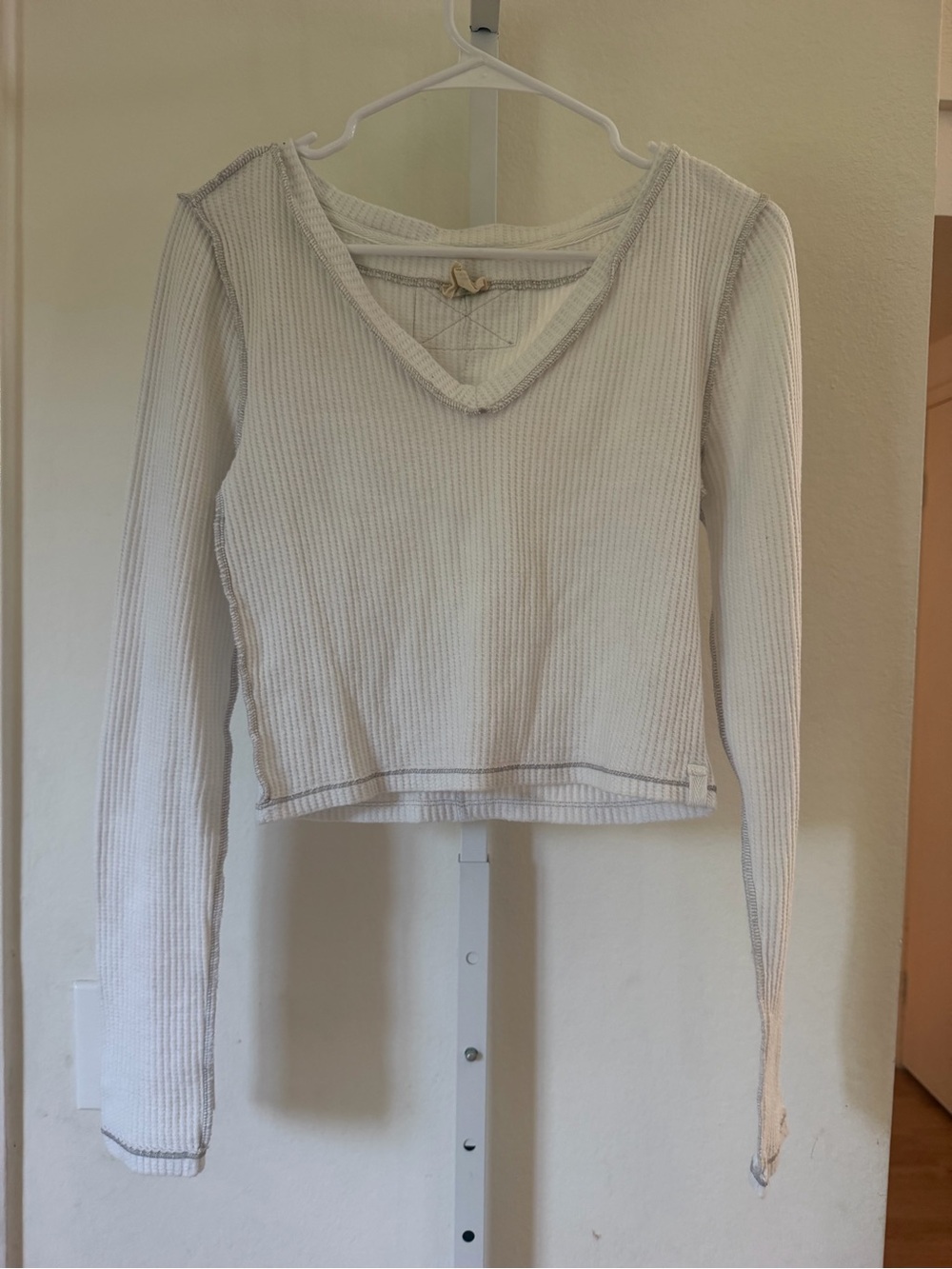 We The Free white and grey Ribbed V-Neck Long Sleeve Tee